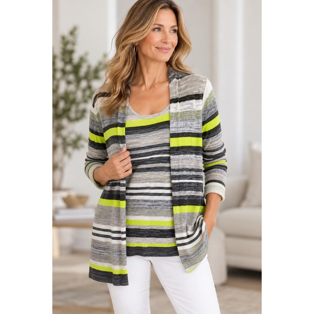 Coldwater Creek Sweater Set Womens M Grey Green Excellent Striped Twinset Preppy
